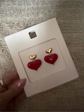 Zara Red Heart Drop Earrings with Gold Accents